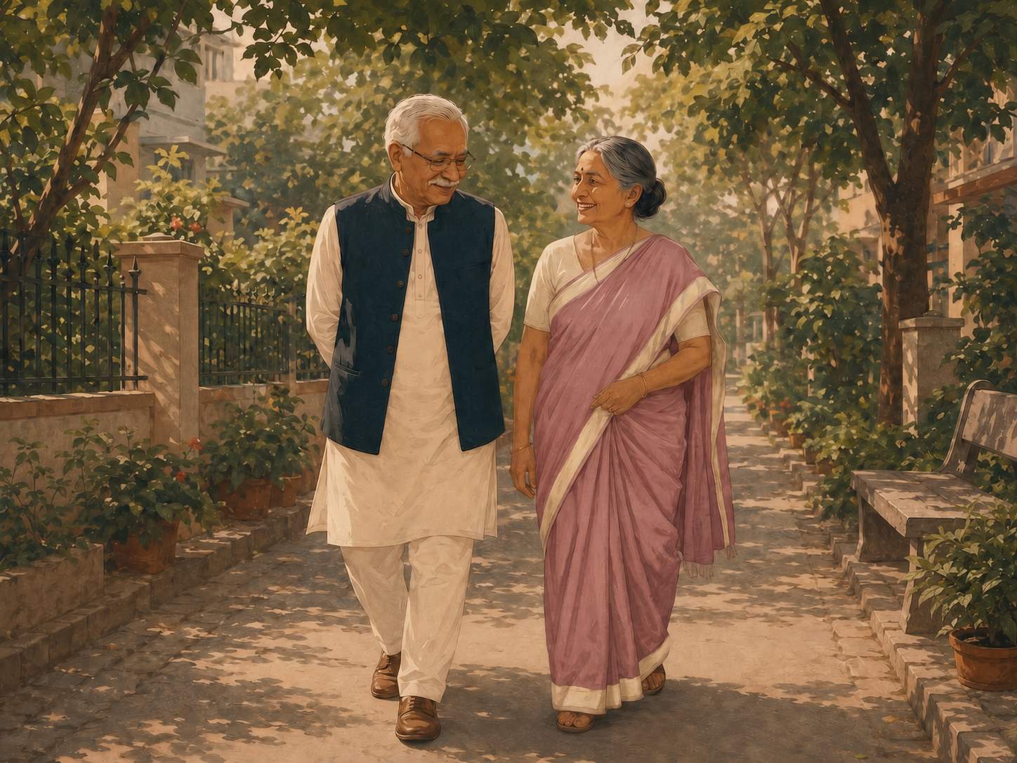 An older couple walking together outdoors