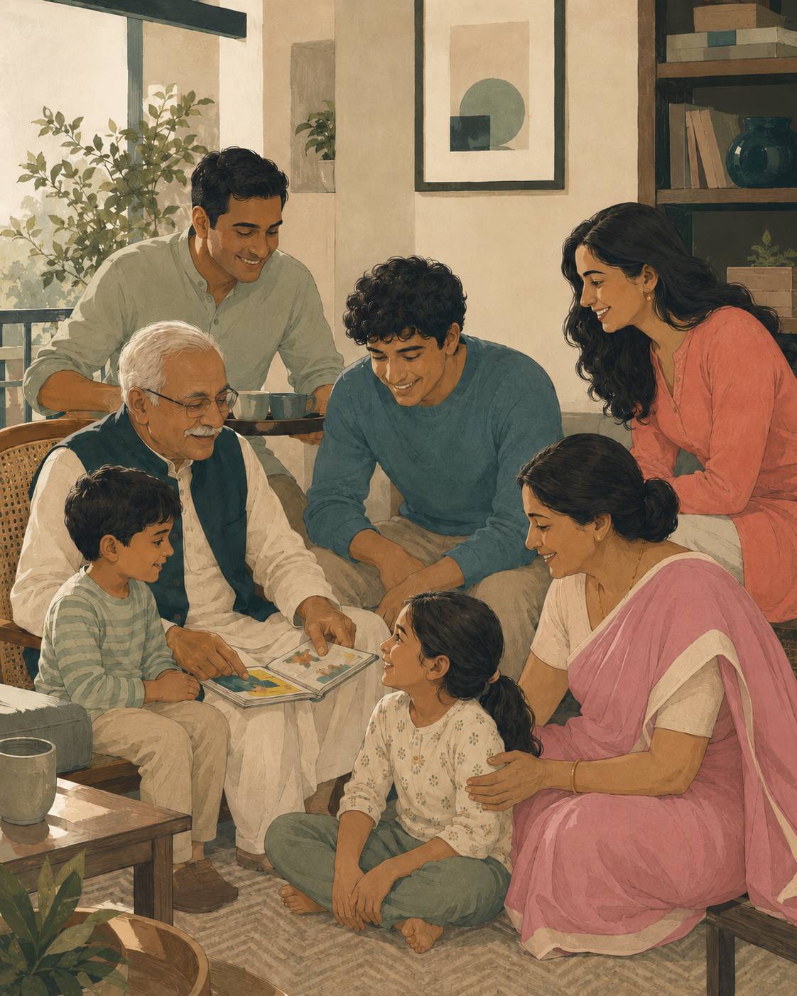 A multi-generational Indian family — grandparents, parents and children together — the Kapoor Financials way of wealth
